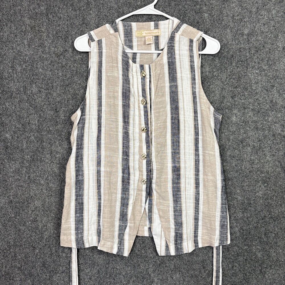 Rich & Famous Top Blouse  Womens Size L Blue Beige Striped Linen Blend